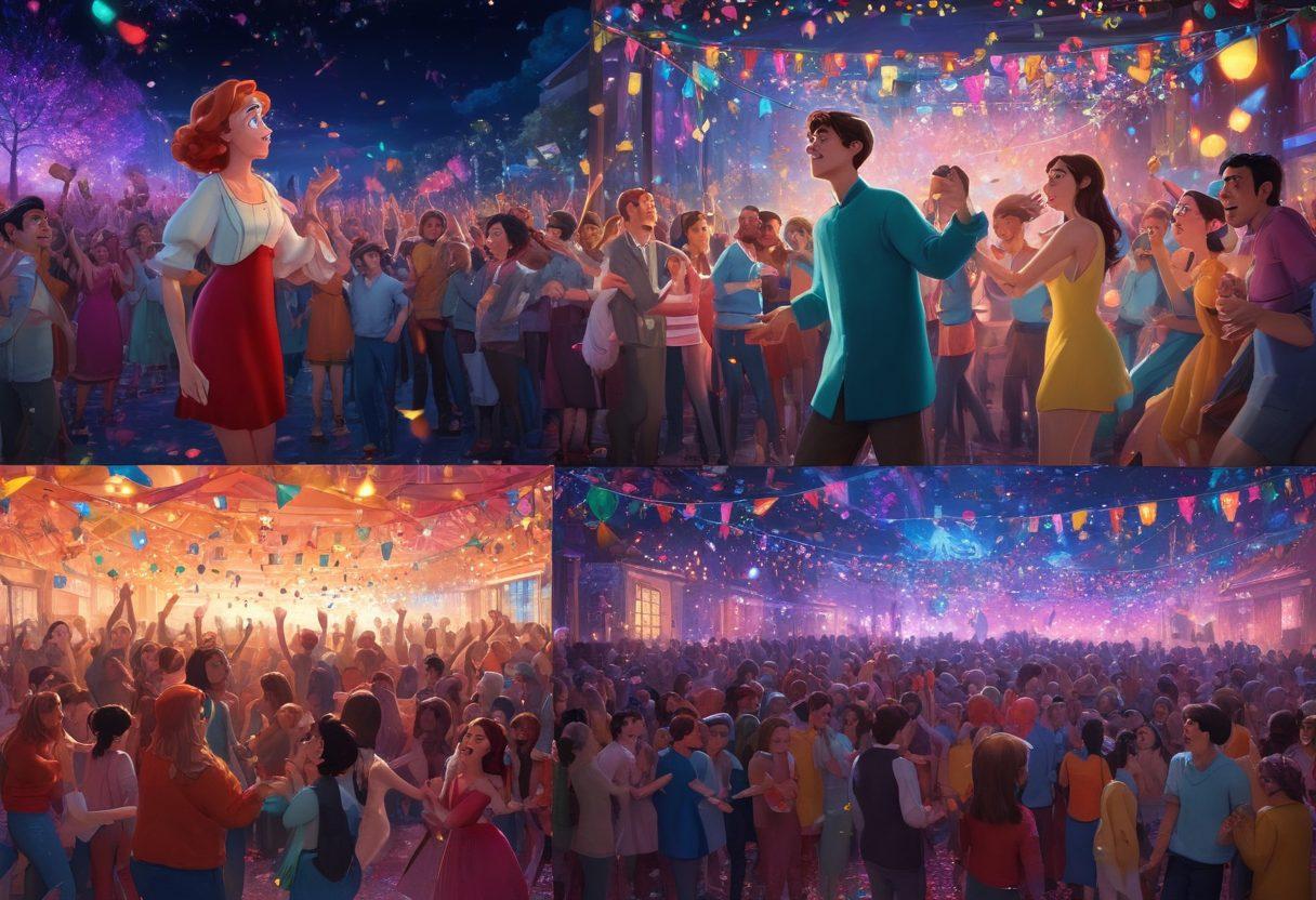 A split-screen image showcasing vibrant and diverse scenes from adult animation: on one side, a colorful, energetic party scene with animated characters enjoying themselves; on the other side, a more somber, deep discussion among characters, reflecting controversy. Include elements like exaggerated facial expressions and dynamic poses to capture the appeal and complexity. The background should blend various styles, hinting at the depth of adult animation. vibrant colors. 3D. surrealistic.